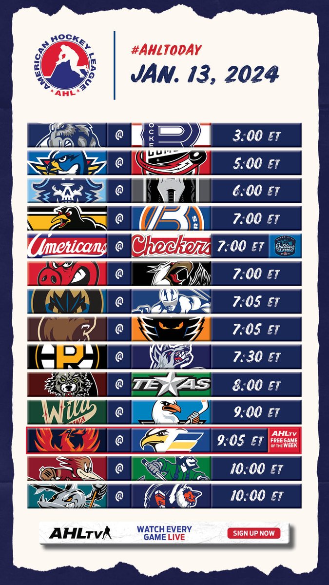 TheAHL's tweet photo. All day and all night.
#AHLToday
π
: January 13
πΊοΈ: https://t.co/gjMuSbtKI1
βοΈ: #ROCvsCLT
π: #CVvsCOL https://t.co/bdsXMZXDtB