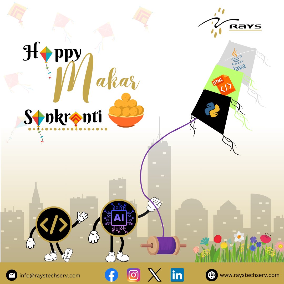 May the vibrant kites of Makar Sankranti paint the sky with joy, bringing warmth, unity, and countless smiles as we celebrate the harvest and the beauty of new beginnings. 
#KiteFestivalJoy #SkyPaintedWithKites #HarvestCelebrations #NewBeginnings #SankrantiSmiles #raystechserv