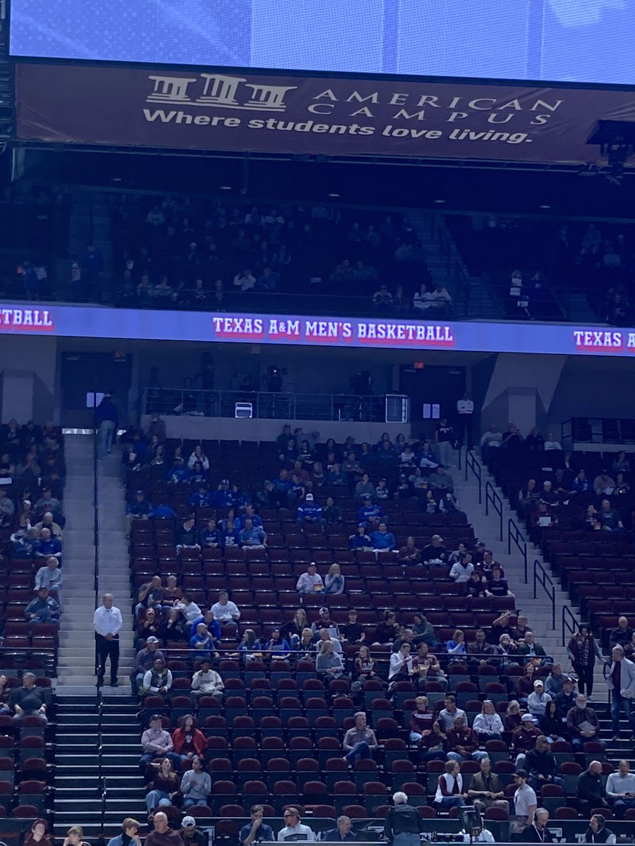 AgRiley79's tweet photo. Too much blue in Reed Arena today. Center court at that. Can’t believe Ags selling their tickets to the fans of the opponent. @aggiembk #BTHOuk https://t.co/DhfyUJ5fSa