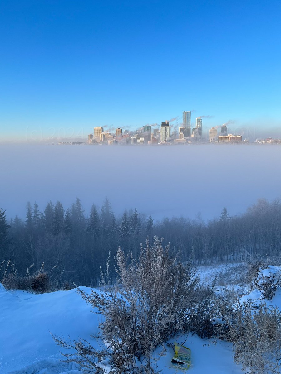 A spectacular sunrise on one of the coldest mornings in decades: -35C in downtown Edmonton, above the fog-filled river valley. January 13, 2024. #yeg #Edmonton #cold