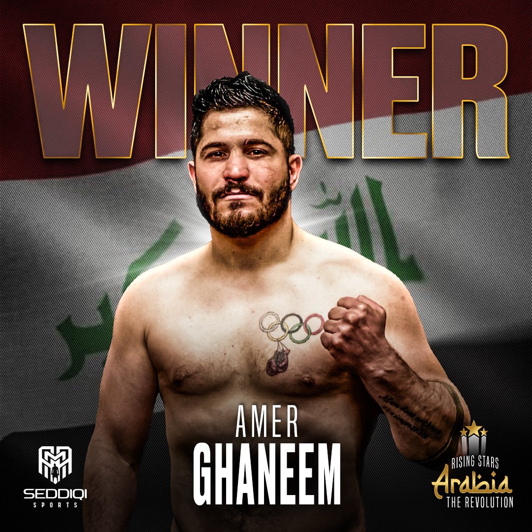 RisingStarsArab's tweet photo. DECISION VICTORY! 👏

Amer Ghaneem put on a dominant display in his unanimous decision victory over Bervely Gonzalez! 🔥

#RSA2 | LIVE NOW | @YasLinksGC | #InAbuDhabi | Live on @daznboxing https://t.co/mE06LkcAQO