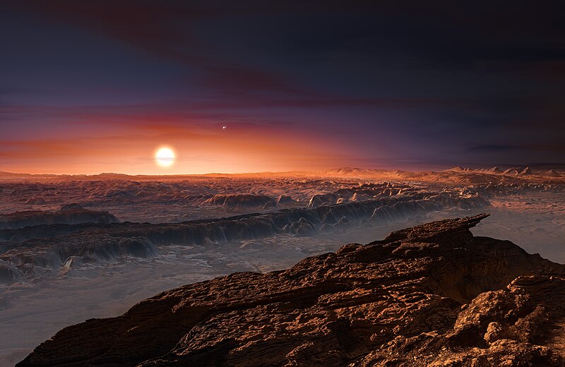 El planeta extrasolar más cercano a nosotros se llama Próxima B y se encuentra en a 4,25 años luz. Se le considera "potencialmente habitable". Veamos hasta que punto podría serlo. 
Anti-clickbait: No. 
☺⬇️

📸 Concepto artístico de la superficies de Próxima B/ESO/M. Kornmesser