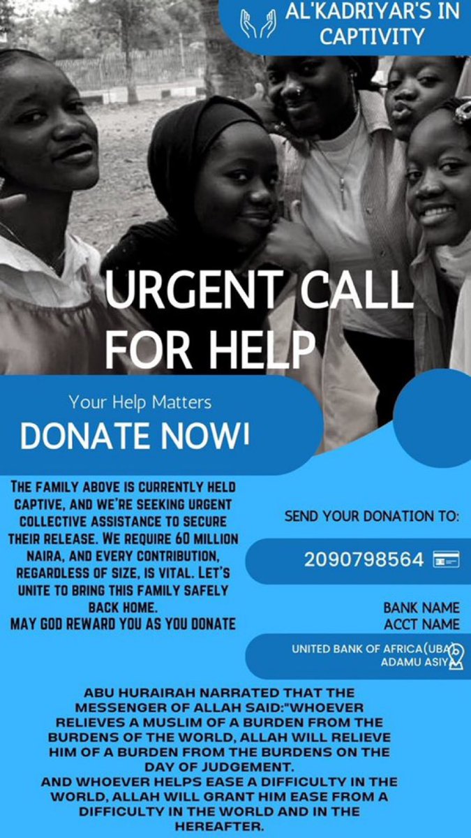 Day 11: #Najeebahandhersisters have not  been released yet
The kidnappers are insisting on getting the full amount they’re demanding. 

Acct Number: 2090798564
Bank: Uba 
Name: Adamu Asiya

Please let’s not get tired and do whatever we can to bring them back to us.🙏🏻😢