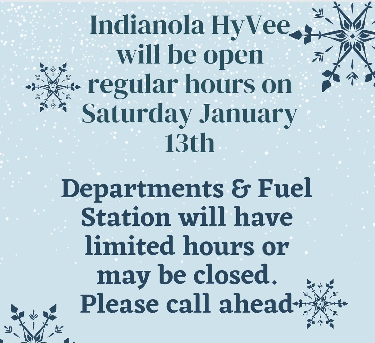 IndianolaHyVee's tweet image. Indianola Hy-Vee will be open regular hours. Store departments may be closed or on limited hours for the safety of our employees. Please call ahead. Everyone please stay safe and warm! #indianolahyvee #winterweather❄️ #limitedhours