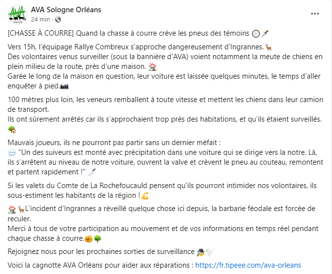 Le Comte de La Rochefoucauld s'approchant trop près d'Ingrannes (45), il doit remballer sa meute et rentrer bredouille au château de Combreux...
Ses valets frustrés se vengent!

Pour aider nos amis d'AVA Orléans, vous pouvez participer à leur cagnotte ici:
fr.tipeee.com/ava-orleans