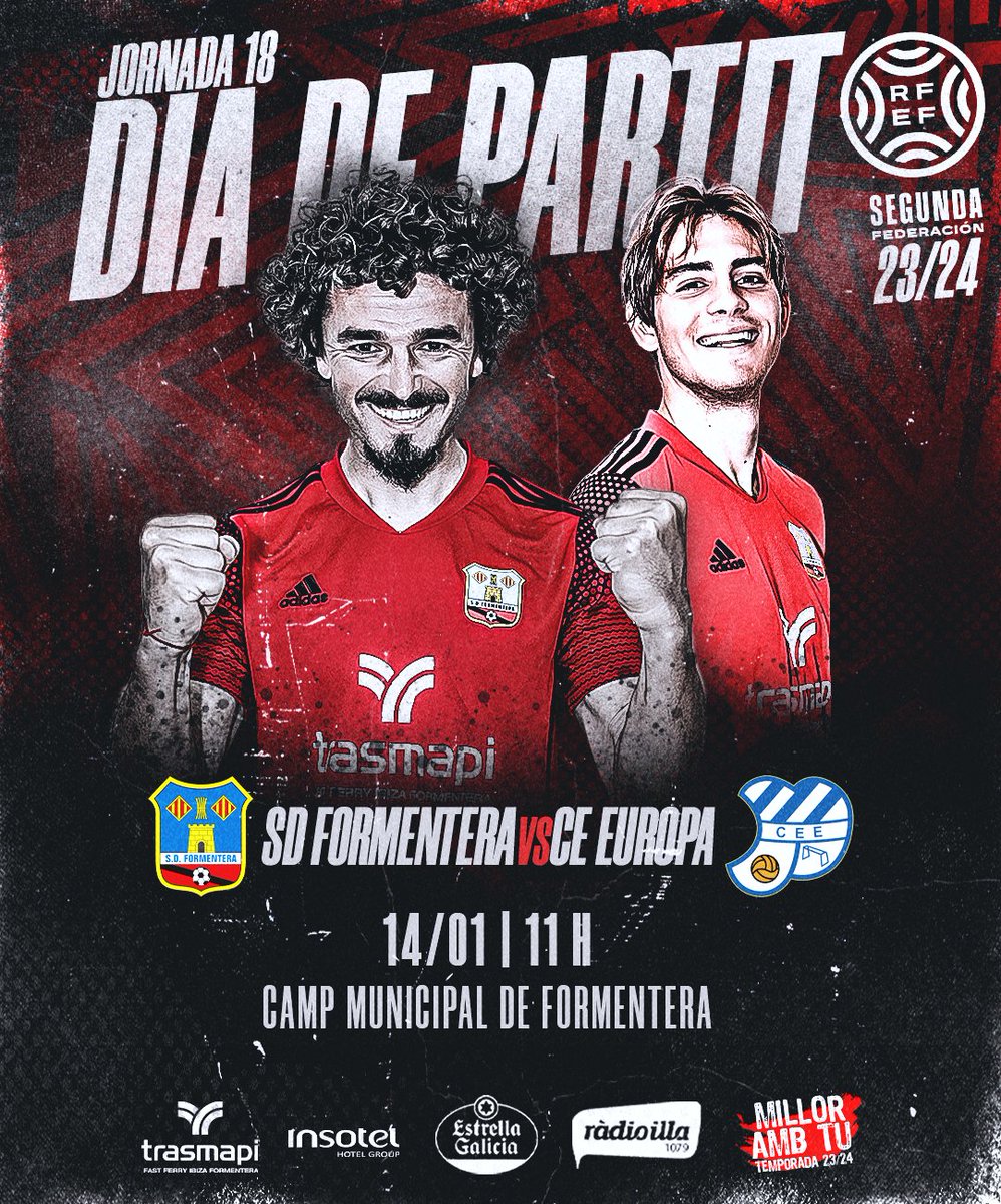sdformentera's tweet photo. 🔥 𝗗𝗜𝗔 𝗗𝗘 𝗣𝗔𝗥𝗧𝗜𝗧 🔥

🆚 @CEEuropa 
⏰ 11 h
🏟️ Camp Municipal de Formentera
🏆 J.18 | #2aRFEF

📻 @RadioIlla 
📺 @FootballClub 

🆓 Socis/es 👉 entrada gratuïta
🎟️ Entrada gral.: 15 €

#FormenteraEuropa https://t.co/ohbYIlGUiY