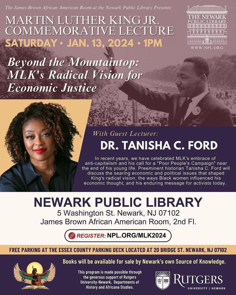 If you’re in the #Newark area today don’t forget to join us <a href="/JBAAR_NPL/">James Brown African American Room <a href="/NewarkLibrary/">NewarkPublicLibrary</a></a> @NewarkLibrary for the #MartinLutherKing Lecture by Dr. <a href="/soulistaphd/">🧚🏾‍♀️</a>! 
(Her talk begins at 2:15p)

Books available for purchase from local bookstore <a href="/SOKnowledge/">Source of Knowledge</a>