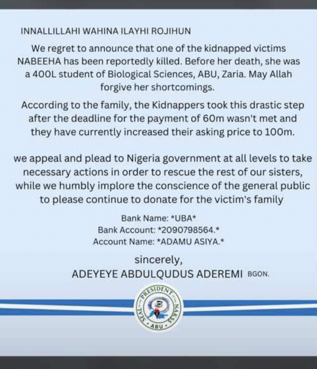 Reading that one of them has been k*lled by the kidnappers breaks my heart. Please let's save the rest. If you can donate, please do. If you can't, help us amplify this by reposting or quoting. In whatever way you feel you can help, please do. 

2090798564
UBA
Adamu Asiya