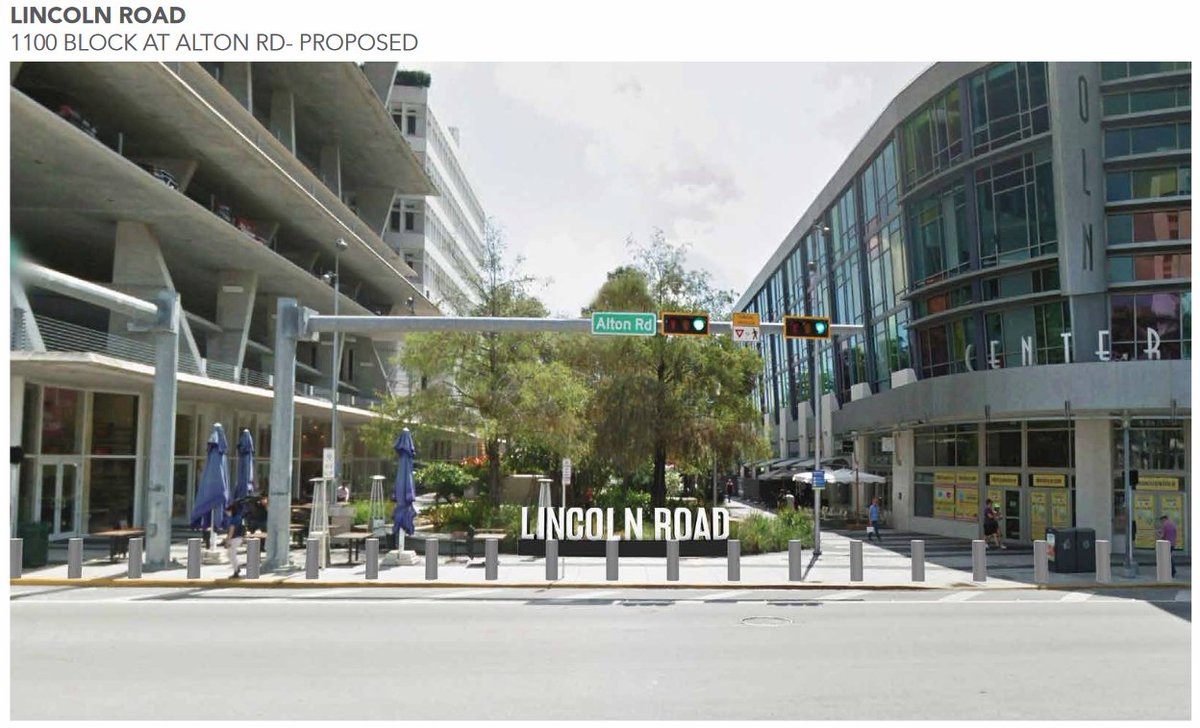 FloridianDev's tweet photo. 🧵Lincoln Road District Improvements - Miami Beach

To advance Lincoln Road improvements, a DRB submission has been filed to introduce anti-ram bollards and a "Lincoln Road" sign at the 1100 block &amp; Alton Road intersection.
Similar is proposed at the end of the strip.
#MBeach https://t.co/mAoyQYG1C3