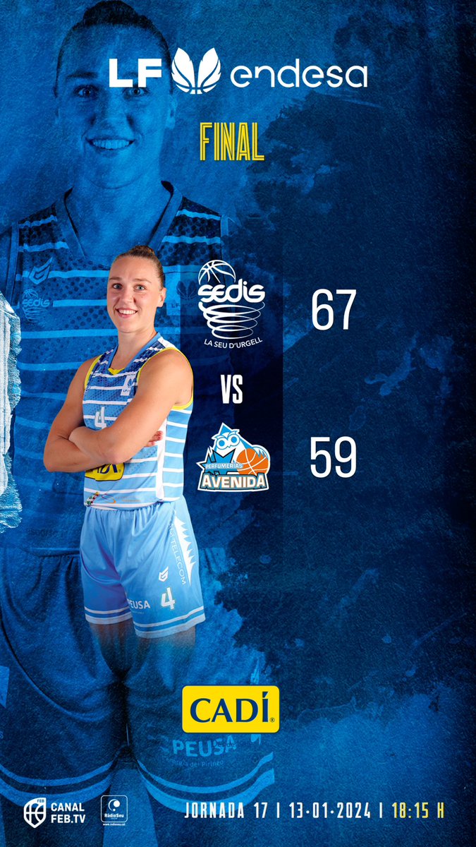 🔵⚪️ FINAL

🟦⬜️ <a href="/sedisbasquet/">AE Sedis Bàsquet</a> 67
⬜️🟦 <a href="/CBAvenida/">Perfumerías Avenida</a> 59
 
#LFEndesa | #sentelsedis🏔️🏀