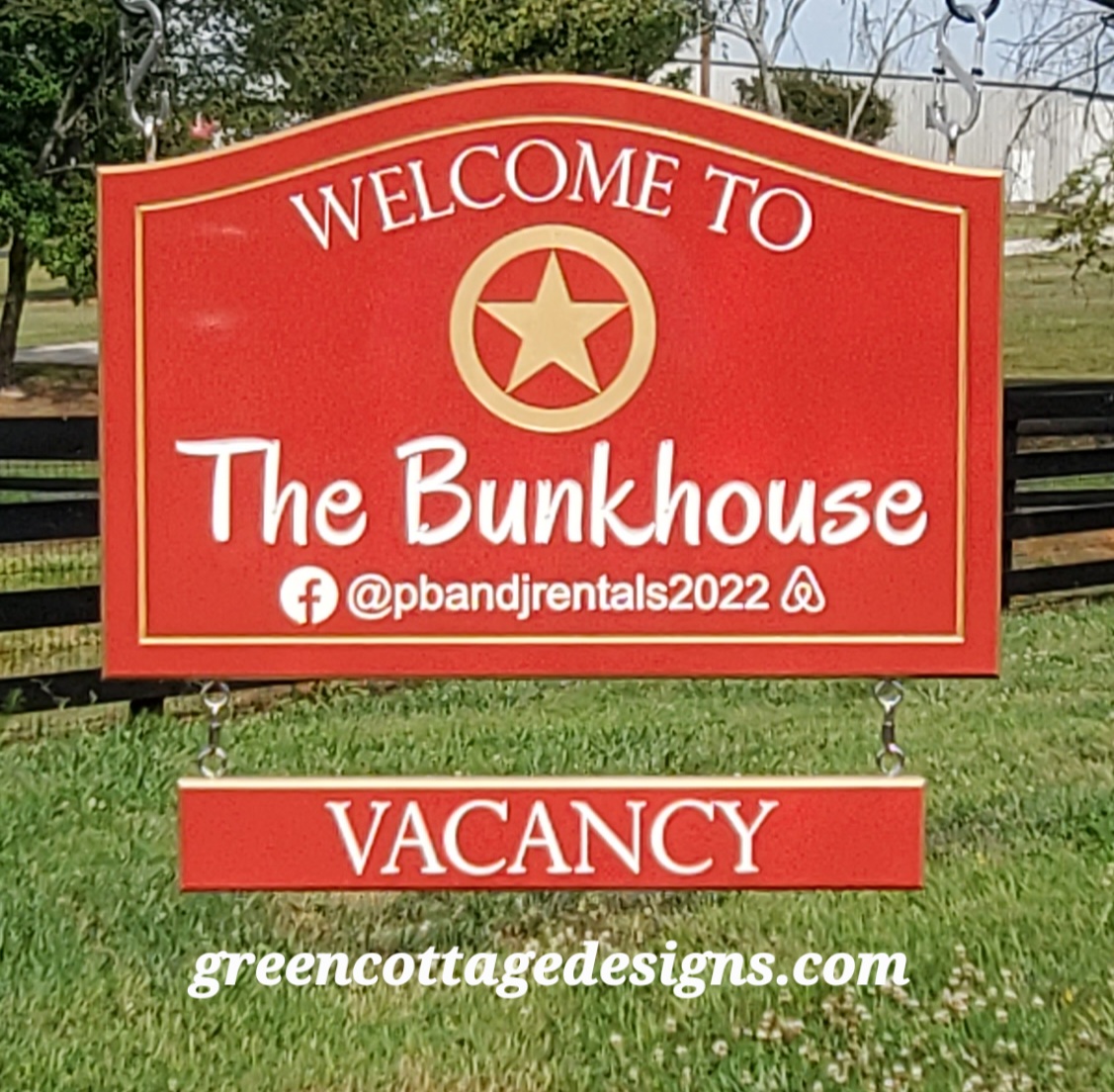 Texas Star Signs Welcome to the Bunkhouse Vacancy Sign by greencottagedesigns.com Solid PVC Carved Painted Hanging Signs Outdoor Foot Traffic Roadside Signs #thebunkhouse #pvcsign #TexasSigns #pbandjrentals #bunkhousesign