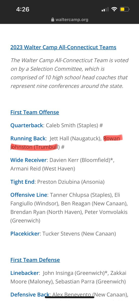 rowanfjohnston's tweet photo. Proud to announce that I’ve been named to the 2023 Walter Camp All-Connecticut First Team. @TrumbullFB #cthsfb https://t.co/RwZklqY0Kd