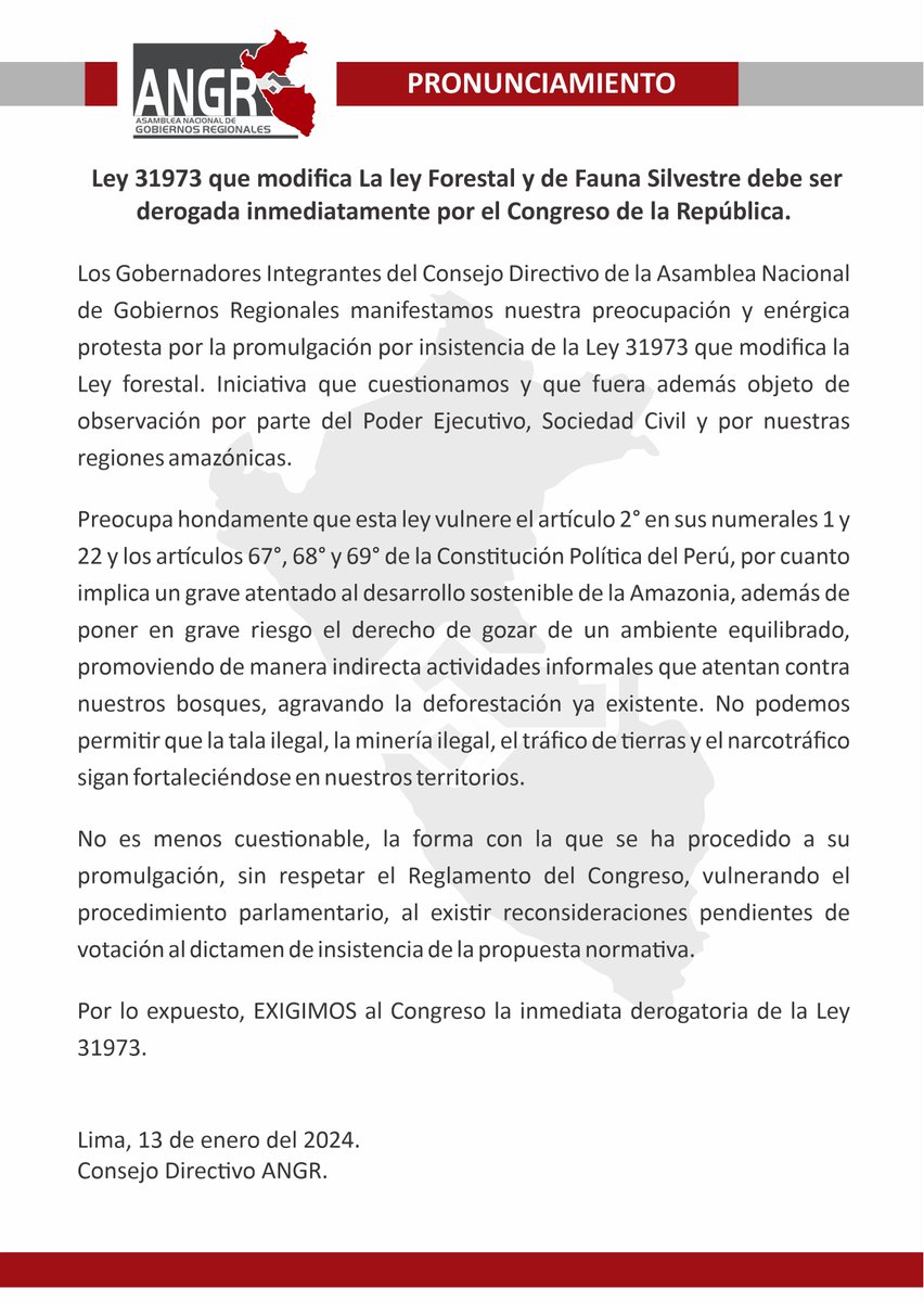 LEY 31973 QUE MODIFICA LA LEY FORESTAL Y DE FAUNA SILVESTRE DEBE SER DEROGADA INMEDIATAMENTE POR EL CONGRESO DE LA REPÚBLICA