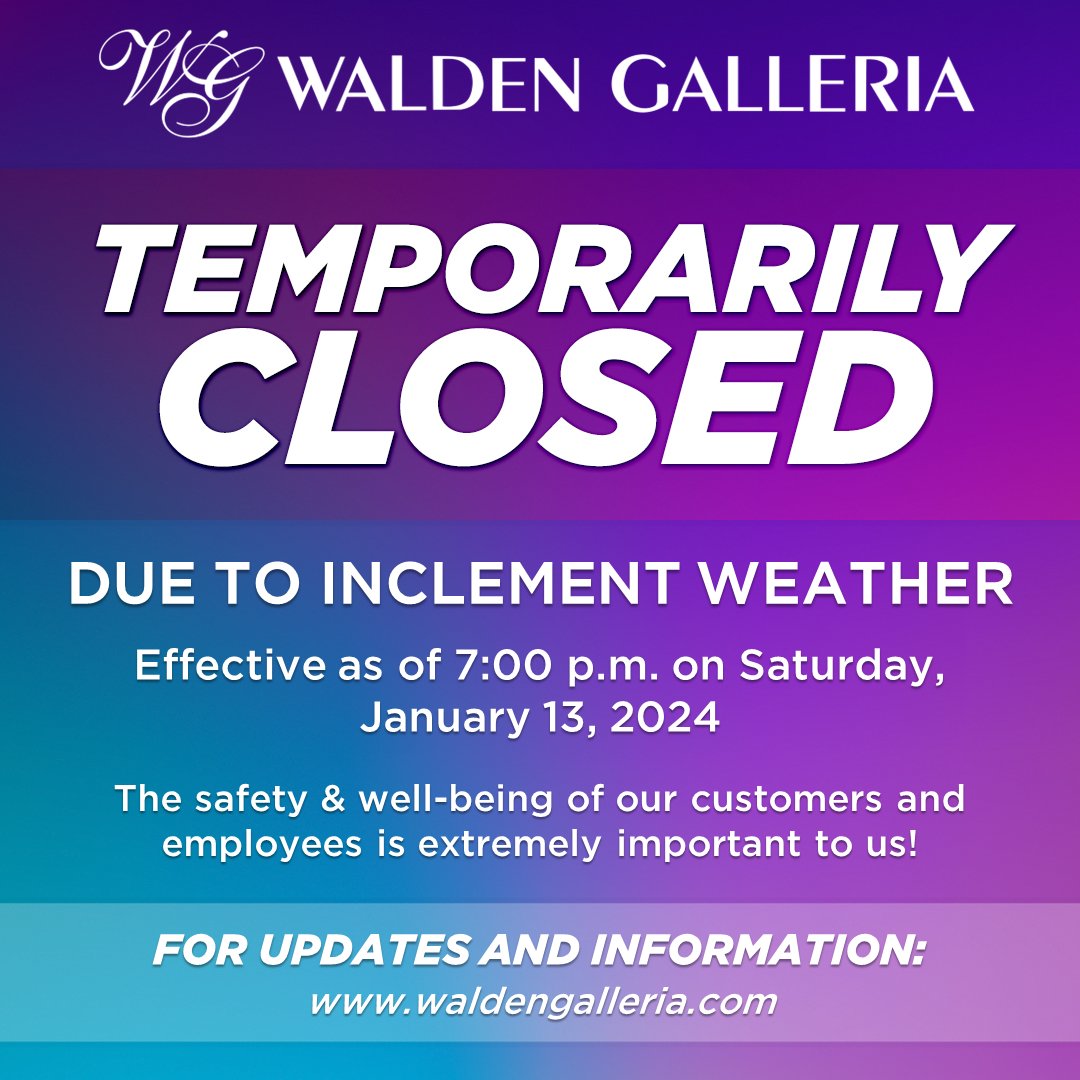 🚨 Due to the current weather conditions in our area, the shopping center will be closing tonight effective at 7:00pm. Tomorrow's opening status will be determined as weather conditions permit. Be safe!
