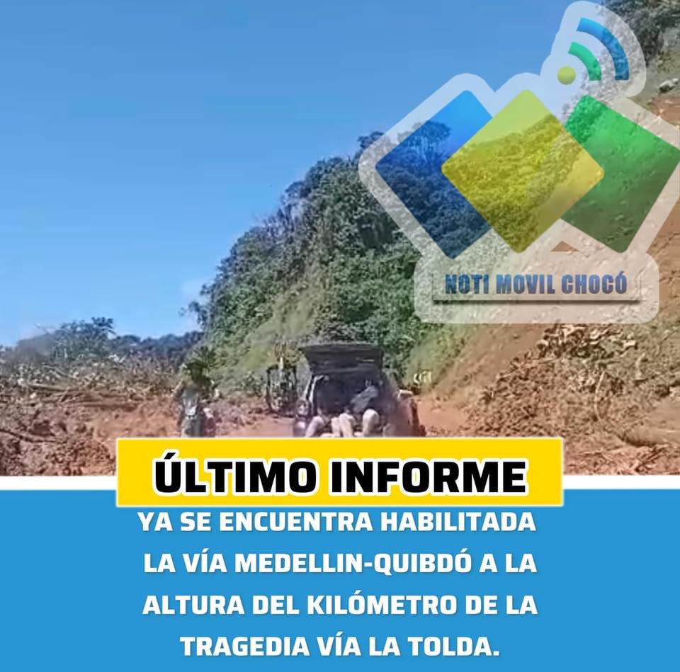 notimovilchoco's tweet photo. #LOULTIMO Nos llegó la siguiente información, a esta hora nos reportan la apertura de un solo carril en lugar de la tragedia, vía Quibdó-Medellín a la altura del Kilómetro 17 " LAS TOLDAS" se le recomienda a las personas que transitan por la vía mantener mucha precaución. #chocó https://t.co/abWFkBZQXv