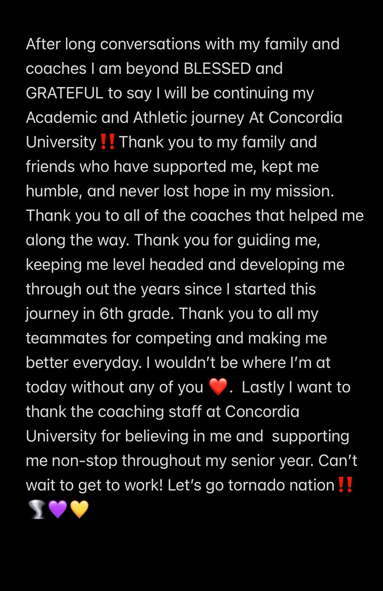 BLESSED to announce I will be committing Concordia University! Let’s work‼️🌪️💜💛<a href="/CTXAthletics/">Concordia Athletics</a> <a href="/StanBonewitz/">Stan Bonewitz</a> <a href="/CoachAG1181/">Adam Gonzales</a> <a href="/CoachDMoore1/">Daniel Moore</a> <a href="/weissmensbball/">Weiss Men’s Basketball</a> @J_UNO_ELITE <a href="/Jaylenshead/">Jaylen</a> <a href="/GASOMass/">Ryan Massad 🔎</a> <a href="/TexasHoopsGASO/">TexasHoops/GASO 🔗</a> <a href="/GASOTim/">Tim Littlefield</a> #TornadoNation #Committed #Ctx