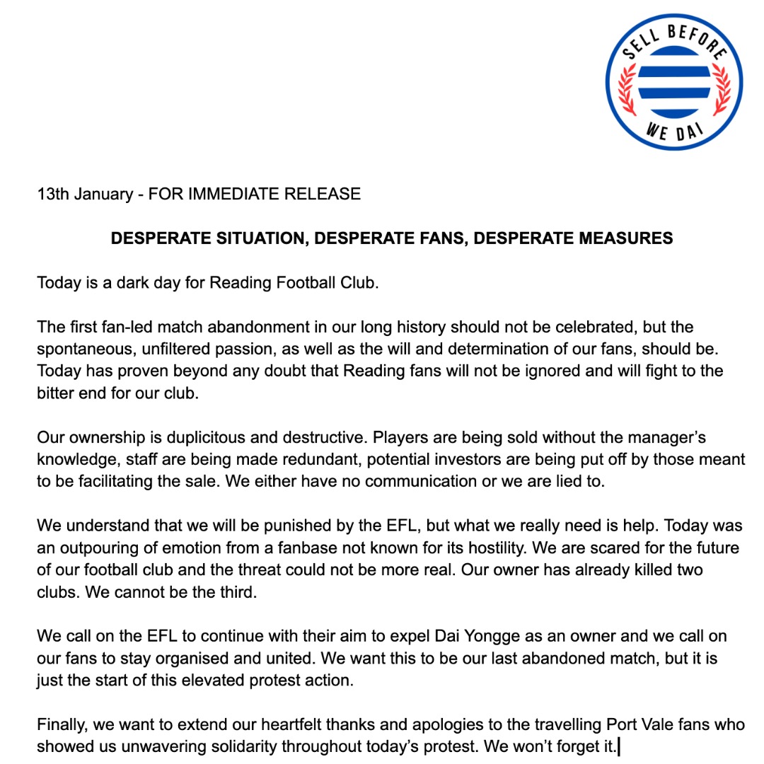 Desperate times, desperate measures. Our view on today’s abandonment and a cry for help.

#SellBeforeWeDai 
#ReadingFC