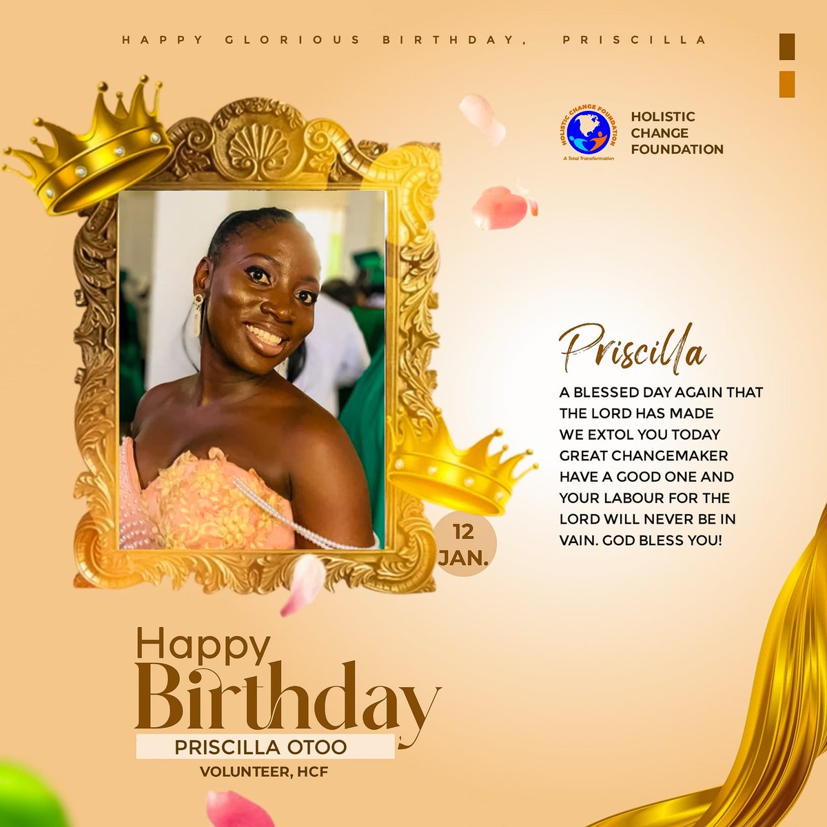 holistic_change's tweet photo. Glorious birthday to you Priscilla. Keep walking in the goodness of the Lord. Stay blessed. HCF loves you 🥂🎂❤️ https://t.co/9OOUWwUuLO