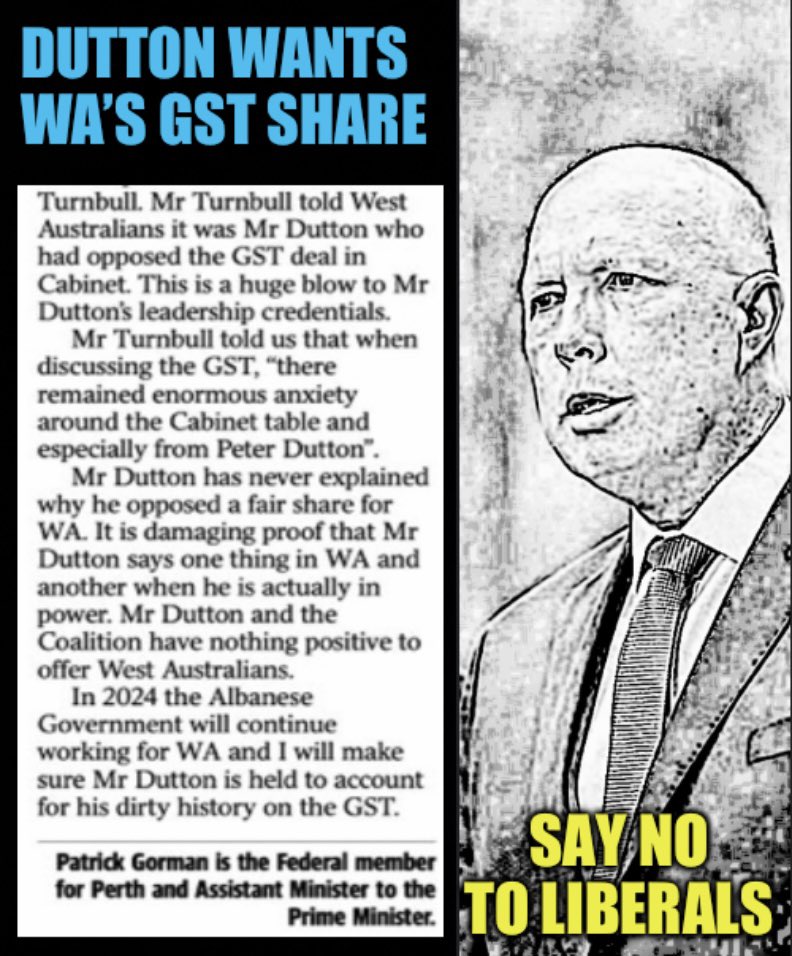#wapol #PeterDutton Said NO to #WesternAustralia getting a Fair Share of #GST
Why does he hate WA? #LNPFail #WALibs