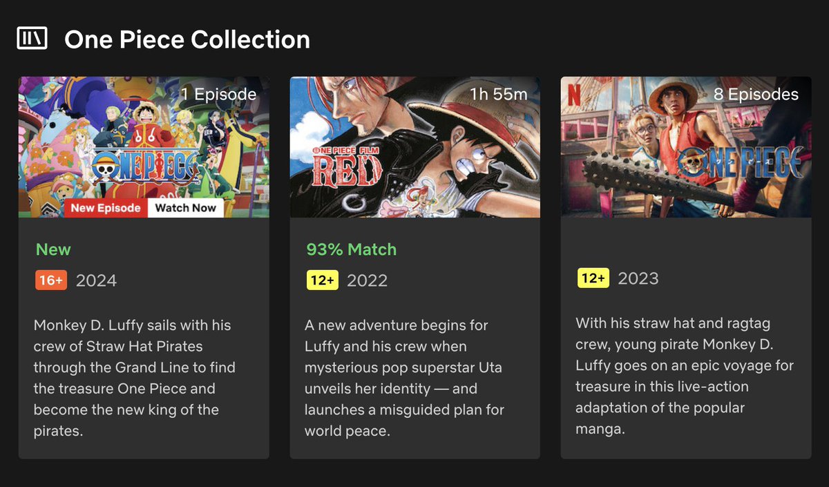 boofywock's tweet photo. One Piece now has its own categorical section on Netflix!! https://t.co/gAIOk7l17c