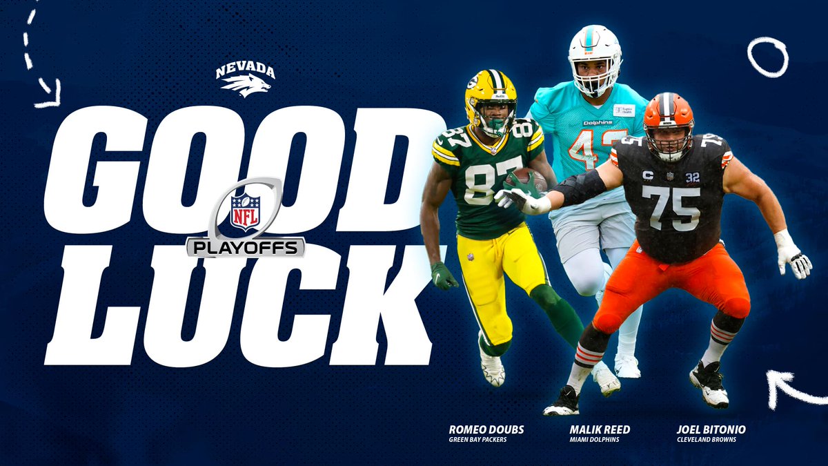 Good luck in the @NFL playoff to our @NevadaFootball alumni, @JoelBitonio, @RomeoDoubs, and @MTR_90 🐺 #BattleBorn | #PackInThePros