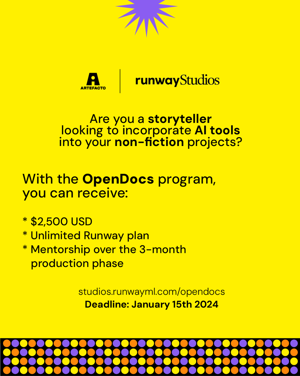 artefactofilms's tweet photo. 🚨LAST DAYS! #OpenDocs call for documentarians closes this Monday Jan 15th! Meet Artefacto’s founders & partners in charge of the 3 month mentorship for the selected projects. Don’t miss this chance for your non-fiction short! #AI #Runway
📲Apply now! https://t.co/BRhN4Ke0S4 https://t.co/Y7MTBBztTQ