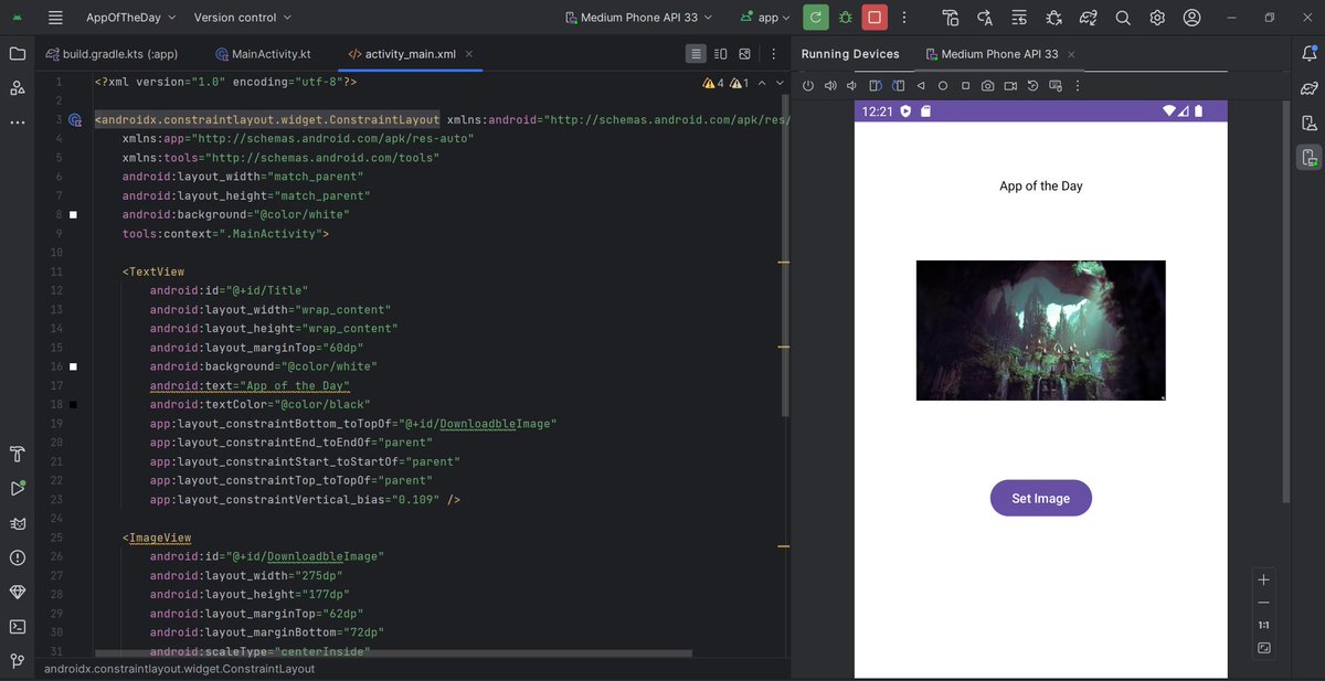Not_Akshaya's tweet photo. Day 43 of #100DaysOfCode: 📱 Initiation of an exciting Android project—a beginner app designed to set ImageView using a button click. Explored the nuances of declarative vs. imperative programming and dipped into View Binding.  #CodeNewbie
🚀 GitHub: https://t.co/bSNTwaiLxh https://t.co/H9OwiP3tI7