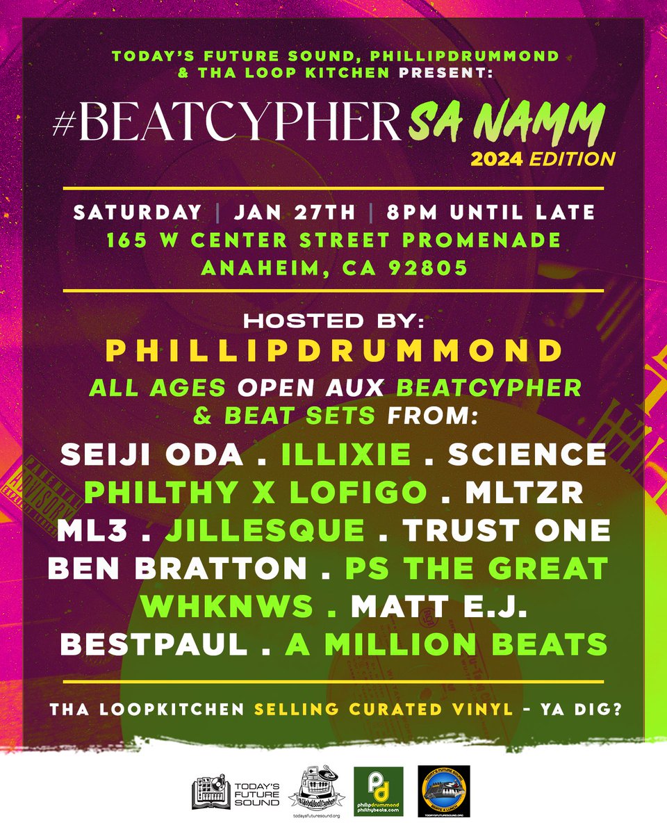 TFS_beats's tweet photo. Who is going to @NAMM and makes beats? Come join us w @philthydrummond @psthegreat @jillesque @whxknws @MLTZRBeats #beats #lofi #lofihiphop #beatmaking #todaysfuturesound #SP404 #labeatscene #NAMM #beatcypher https://t.co/GUeD4ZYaAy