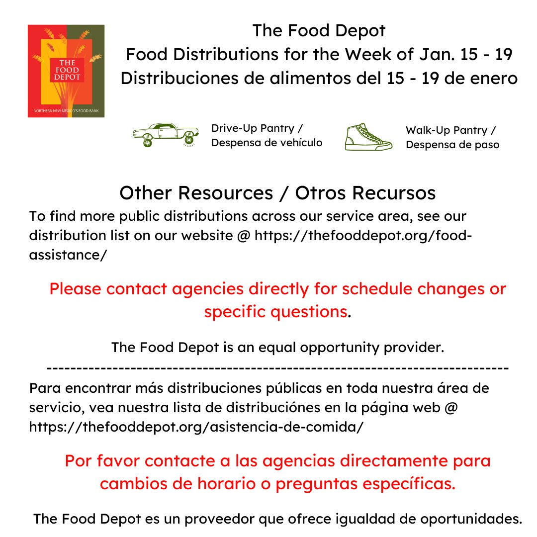 TheFoodDepot's tweet photo. Need food assistance or know someone who does? Here are this week's food distributions from the Food Depot:
🍎🌶️🍐🥔
¿Necesita asistencia alimentaria o conoce a alguien que la necesite? Aquí están las distribuciones de alimentos de esta semana del The Food Depot: https://t.co/44OgYMcyde