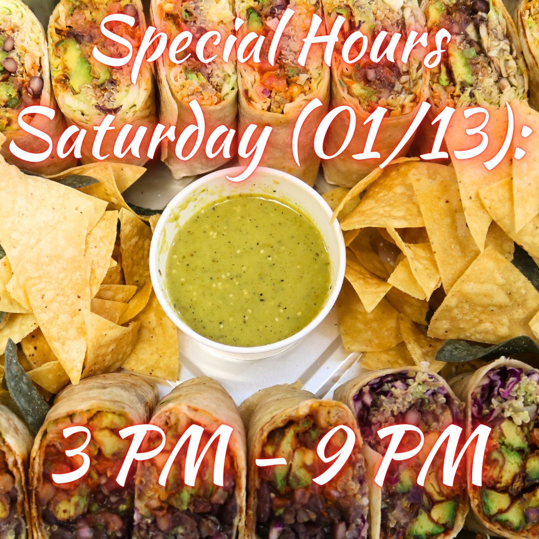 Hey Fam! 

Due to a large off-site catering today (01/13), we will be open during the following hours:

3 PM - 9 PM. 

*Regular hours resume next week.*

Big thank you to everyone for your continued support!

We could not do this without you.

#losangelesvegan #lavegan #vegantaco