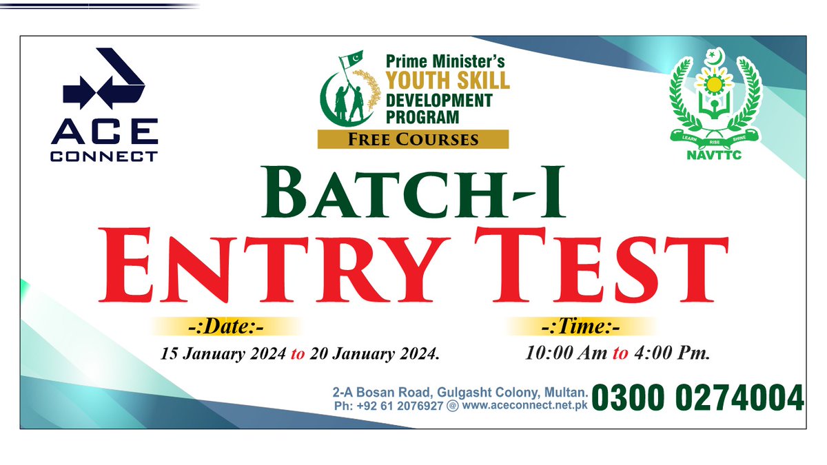 Aceconnect11's tweet photo. Entry Test for NAVTTC Sponsored Free Courses.
Digital Marketing | E-commerce | Fashion Des.
For details contact 03000274004.
                                                                   NAVTTC 
 کے زیر اہتمام مفت کورسز کے لیے داخلہ ٹیسٹ۔ 
ڈیجیٹل مارکیٹنگ
 ای کامرس
فیشن ۔ https://t.co/aFeQGdiKjW