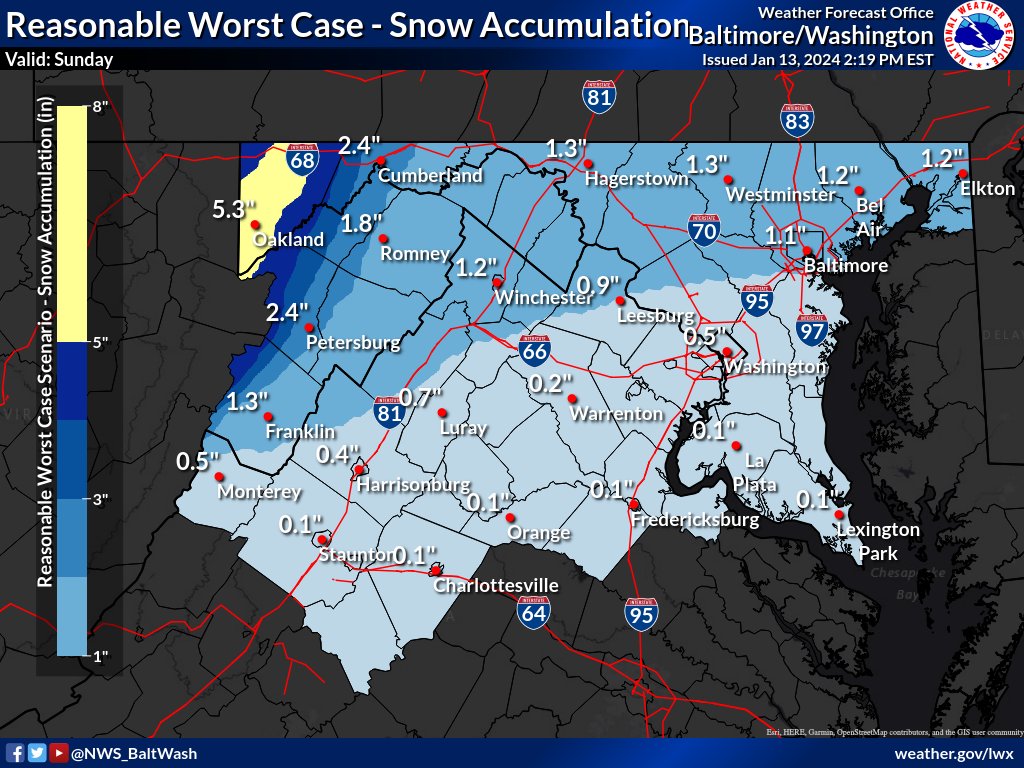 An Arctic front will pass through the area on Sunday. Snow squalls will be possible, especially along/north of US-50. Additional advisories are in effect across the Allegheny Front for the snow and sub-zero wind chills Sunday night. Visit weather.gov/lwx for the latest.