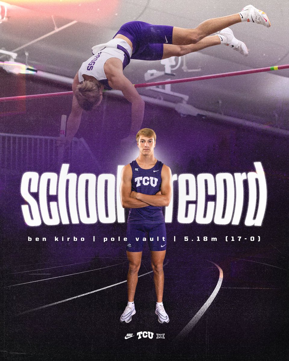 TCUTrackField's tweet photo. 🚨 𝗦𝗰𝗵𝗼𝗼𝗹 𝗥𝗲𝗰𝗼𝗿𝗱 🚨 

Benjamin Kirbo breaks his own school record in the pole vault with his winning height of 5.18m (17-0) 🥇

#GoFrogs https://t.co/iDcUYA6k87