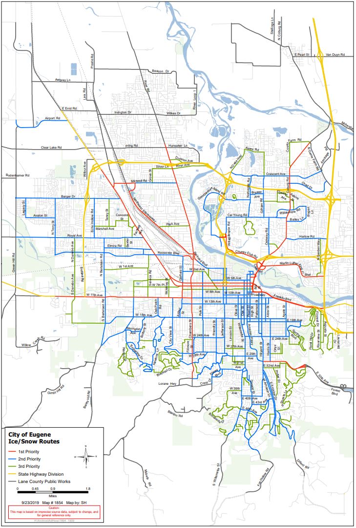 The City of Eugene has declared an Ice/Snow Emergency. Public Works crews will focus on sanding Priority 1 and 2 Routes, which largely include arterial roads and a select group of collector streets. More info is available on our website: eugene-or.gov/315/Storm-Resp…
