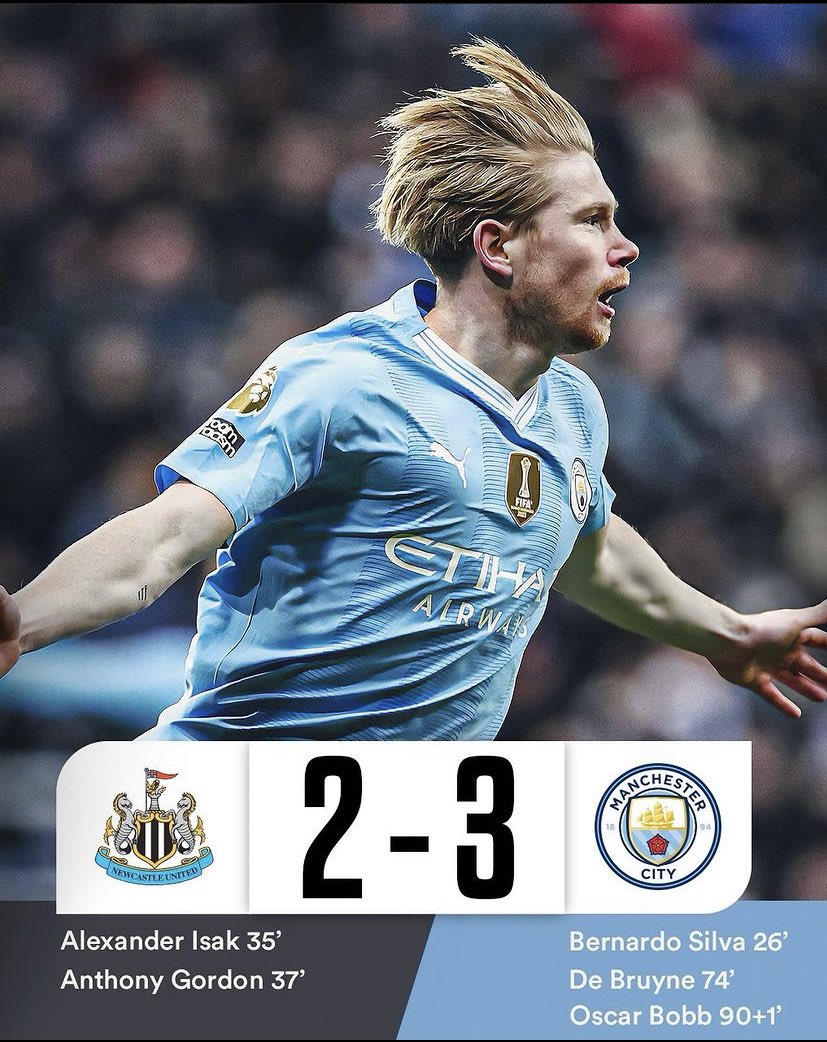 AamirDeshmukh07's tweet photo. An absolute ripper by Kevin de Bruyne  to bring Man city back in the game and at the stoppage time the young gun Oscar Bobb scored his first goal on his debut match.#MancityVsNewcastle #mancity #mancitywin @daniyaldeshmuk
#what a game
@ShamsKamalSayed https://t.co/LKoQE3Y3YD