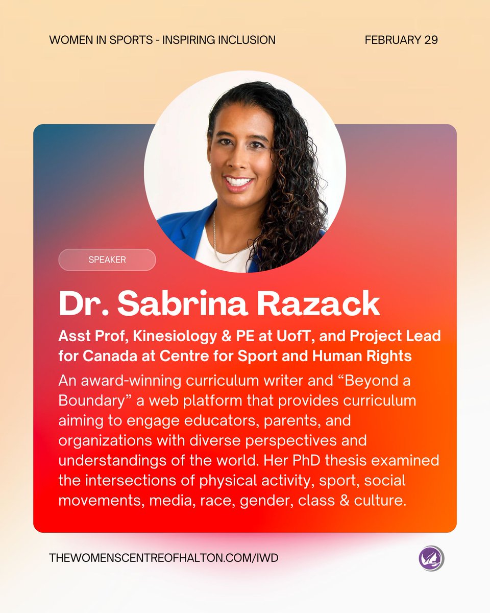 WomensCentreON's tweet photo. ✒️ Meet Dr. Sabrina Razack, our latest speaker at the Women in Sports - Inspiring Inclusion event!
Don't miss our International Women's Day event on February 29. Visit https://t.co/p1NVc1TSXQ to learn more and get your tickets.
#InspireInclusion #IWD2024 #TeamTWC https://t.co/MGDI3dKcMa