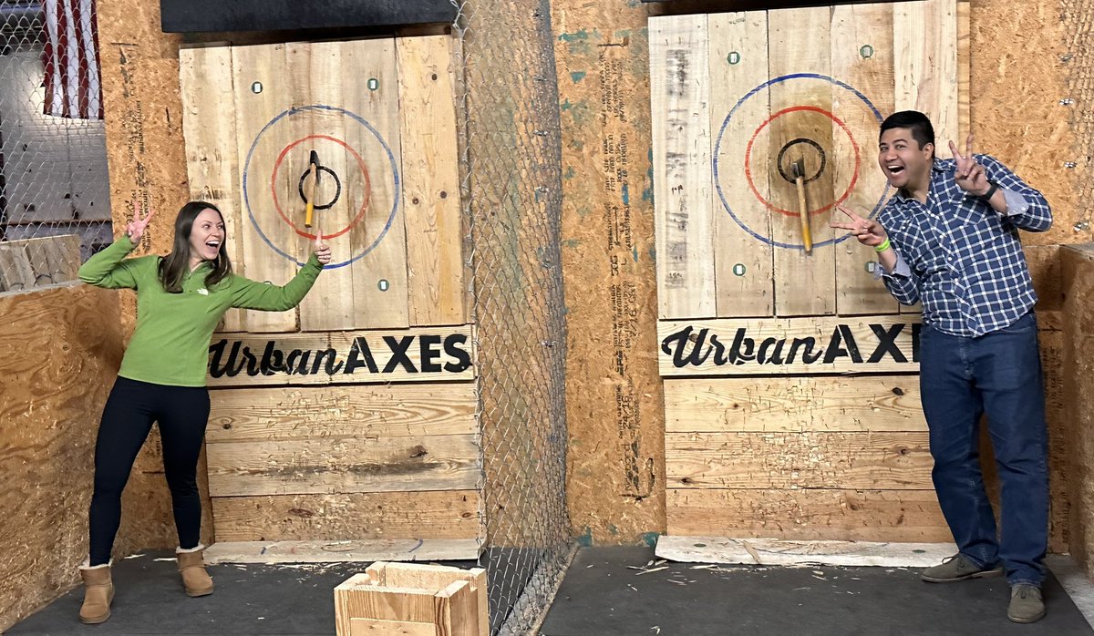 Huge thanks to our Queen of Wellness, @MaryWDunn, for rallying the @UNCurology crew for an awesome night out @UrbanAxes (and of course 🤩🤩 that is @HansArora & @angiesmith_uro racking up multiple double 🎯🎯)
