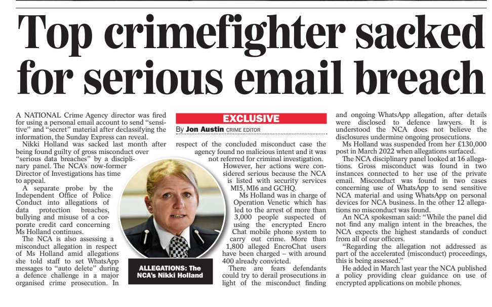 #EXCLUSIVE NCA Director Nikki Holland sacked for using personal email to send sensitive material by personal email - IOPC probe into other allegations continues - NCA assessing separate allegation she instructed staff to auto delete WhatsApp: SundayExpress
express.co.uk/news/uk/185534…