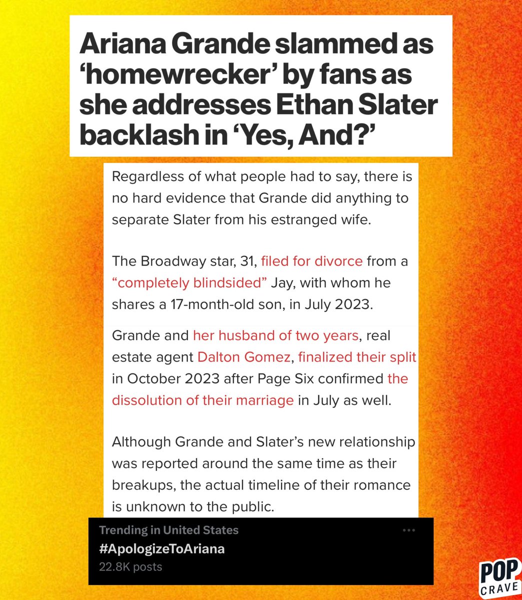 #ApologizeToAriana trends following new PageSix article reporting the backlash of Ariana Grande’s relationship with Ethan Slater:

“There is no hard evidence that Grande did anything to separate Slater from his estranged wife.”