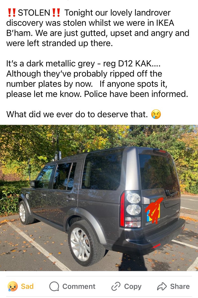Ladies and gents, a good friend and amazing NHS worker has had her landrover role tonight whilst visiting ikea in Birmingham / could you all share for me. She doesn’t deserve this…. #FindThrDisco #NHS
