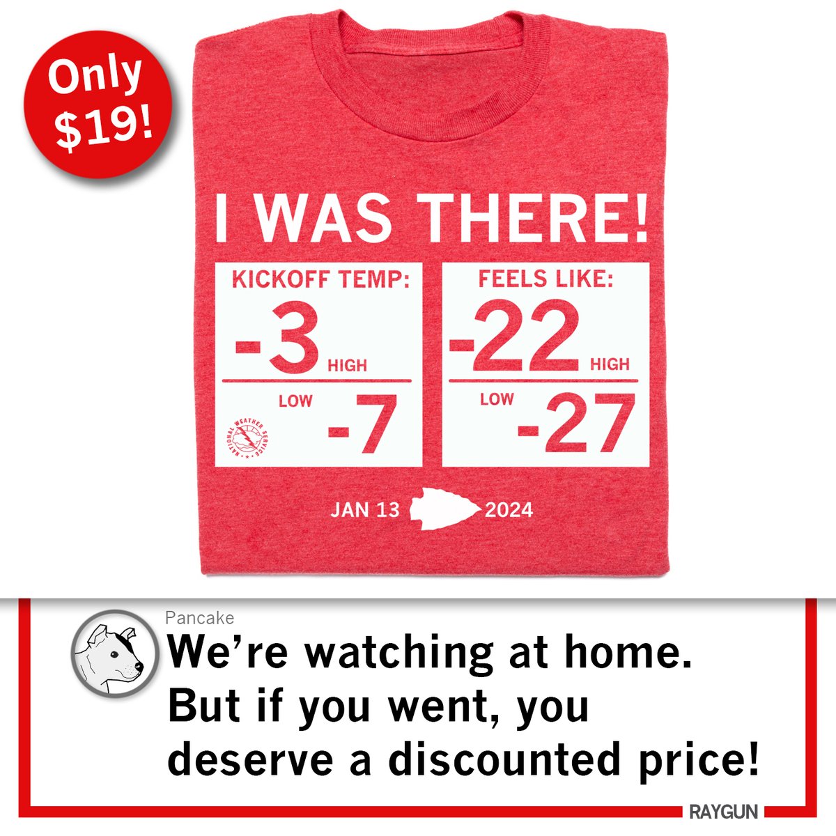 RAYGUNshirts's tweet photo. We don't know how this game will turn out, but we feel like the temperatures should be memorialized. 

And if you are at the game, the least we could do was discount a #raygun shirt for you to let the world know. Online now, in KC soon: https://t.co/GKpW7WF4j8 #Chiefs #KCKingdom https://t.co/POcourgfdl