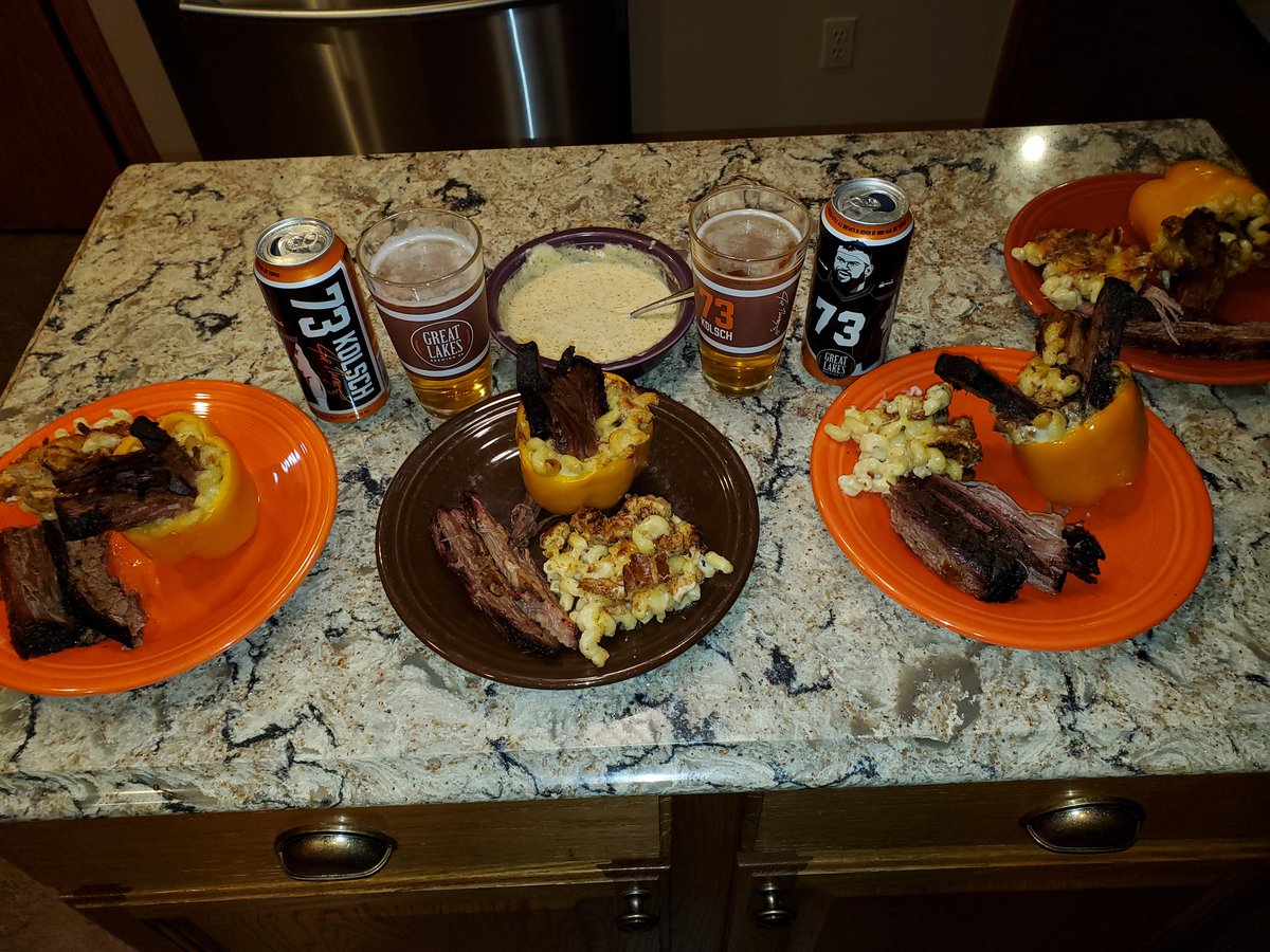 johnu3's tweet photo. 2023 @Browns opponent city themed smoked stuffed peppers.  For Houston went with Texas BBQ Brisket and macaroni and cheese. Paired with @joethomas73 #Kolsch73 by @GLBC_Cleveland https://t.co/YgARjH4fbU