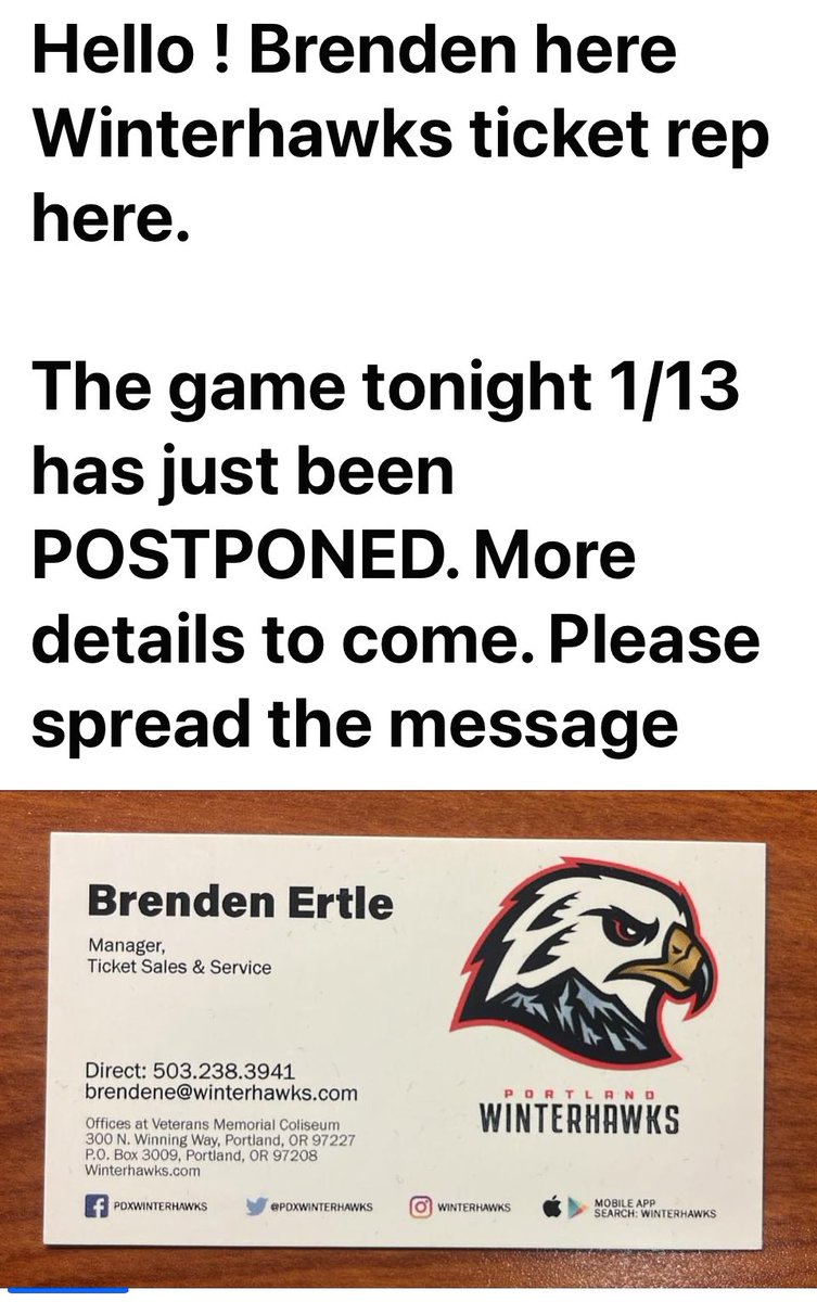 suznorberg's tweet photo. Game cancelled on account of ice… Ironic. We are bummed, but glad @pdxwinterhawks players, coaches, staff, refs, and fans will be safe. We’ll try to find another #chl game to watch on TV.                         #whl #chl #winterhawks https://t.co/31QDIsCkPh