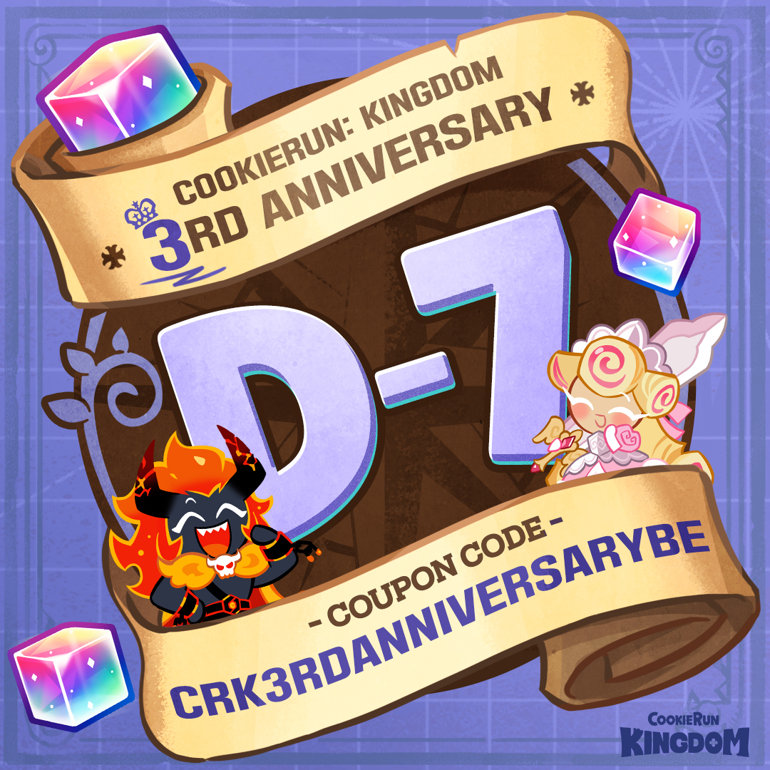 CRKingdomEN's tweet photo. 👑 CookieRun: Kingdom's 3rd Anniversary D-7 💓

🎫 CRK3RDANNIVERSARYBE (Rainbow Cubes x500)
📅 Valid until: February 29, 2024, 23:59 (KST)
🔔 https://t.co/w64EJyDwHf

#CookieRun #CookieRunKingdom #CapsaicinCookie #KouignAmannCookie https://t.co/PMaeu6cosc