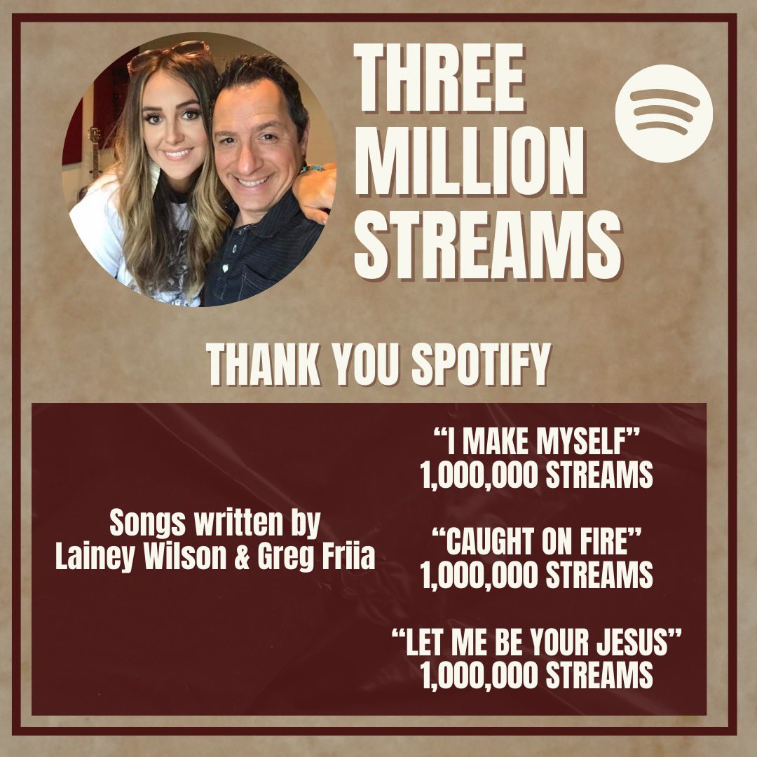 Thanks <a href="/laineywilson/">Lainey Wilson</a> &amp; <a href="/SpotifyUSA/">Spotify USA</a> for making this milestone happen!! #tougher #laineywilson #countrymusic #imakemyself #caughtonfire #letmebeyourjesus