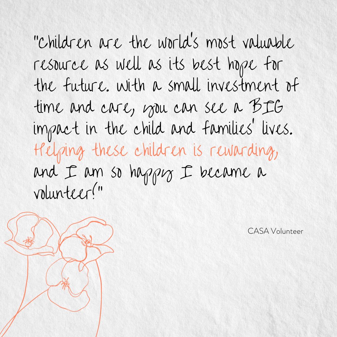 CASA17th's tweet photo. Children are our most valuable resource and our hope for the future. With a small investment of time and care, you can make a BIG impact in their lives. Become a CASA volunteer today and help children and families thrive!
Learn more —-> https://t.co/CVNVPNisGv
#casa17th https://t.co/FaH8qphbgG