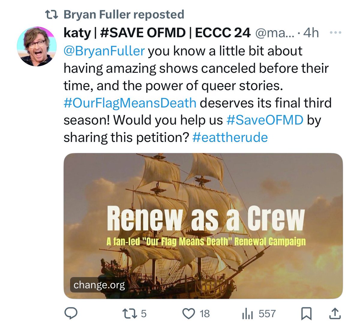 chaoticmulaney's tweet photo. both neil gaiman and bryan fuller have reposted the #SaveOFMD petition 🫶🏼

https://t.co/ffjXC7kkhR

#ourflagmeansdeath #RenewAsACrew https://t.co/VZ8qnAJlH8