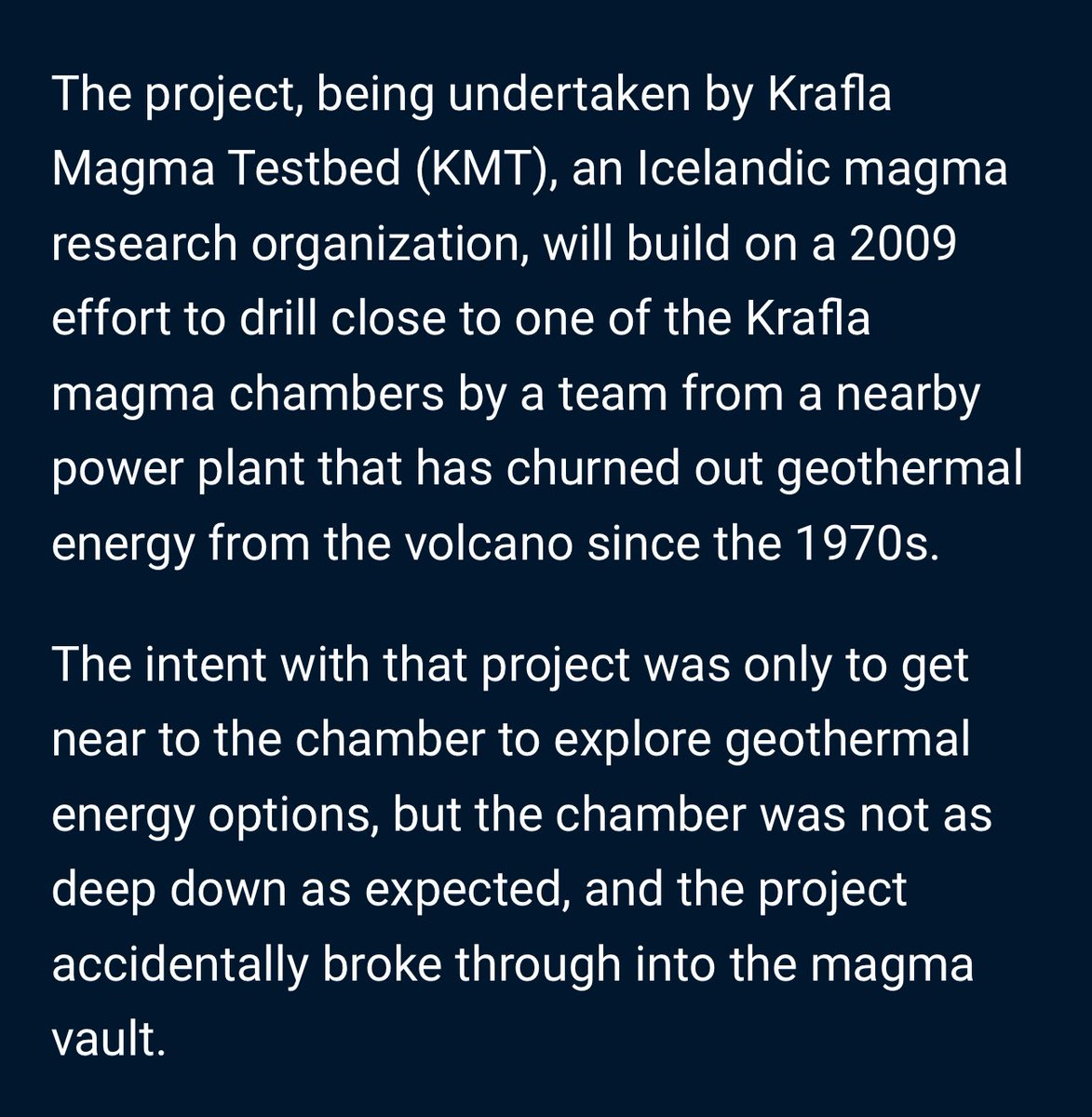 Dinkeldash's tweet photo. A geothermal drilling project in Iceland accidentally drilled into a magma chamber and “confirmed that drilling into a magma chamber doesn’t case the volcano to erupt.” #VikingScience https://t.co/KeAPxUydXL