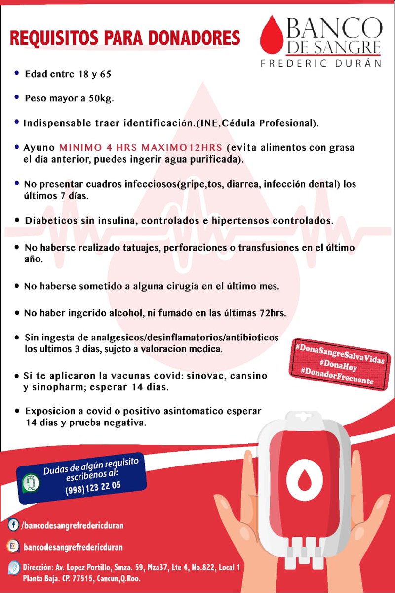 Se solicita donadores de sangre, **cualquier tipo**, para la paciente ANA GARCÍA AÑORVE hospitalizada en Azura Cancún.
Donadores acudir al banco de sangre Frederic Durán ubicado a un costado de la cefeteria del hospital Quirurgica del Sur.
👉maps.app.goo.gl/edTT3k2VWE3gx7…