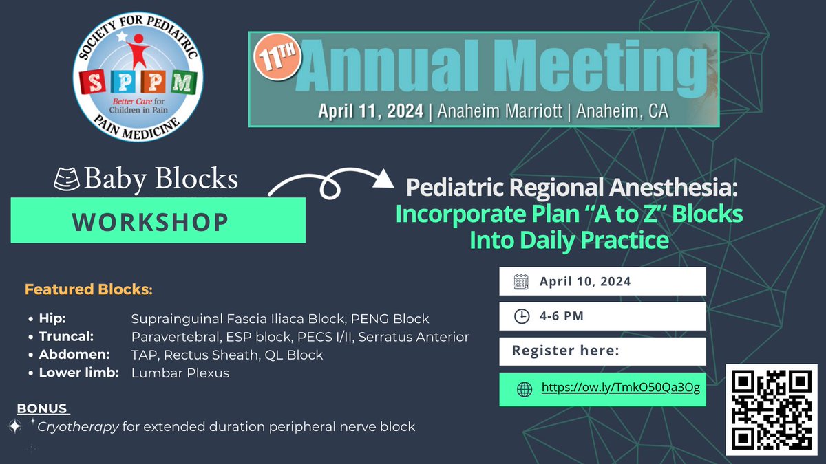 DeepaKattail's tweet photo. Join our workshop at this year's @PedsPainMed meeting! Workshop will be the evening before the meeting,with experts in peds #regionalanesthesia :
@JohnHagenMD @_Walid_01 @CHoffmann_MD @theRodrigoDaly @DrSamTafoya
Registration: https://t.co/CPjkyyWyNr
#SPPM2024 #PedsAnes #PedsPain https://t.co/Tm9Hdktqru